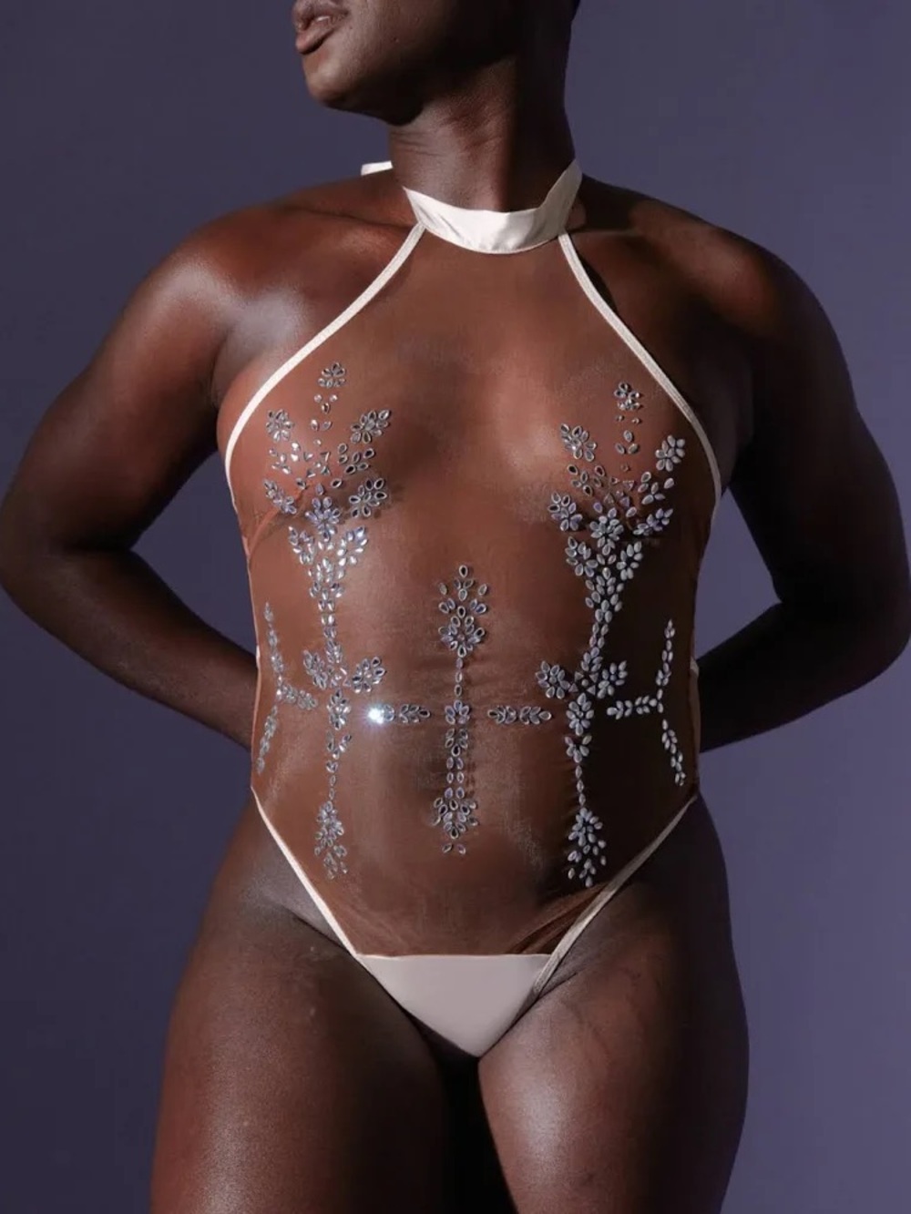 Thistle & Spire Dripping in Jewels Sheer Embellished Halter Bodysuit, Nude Color